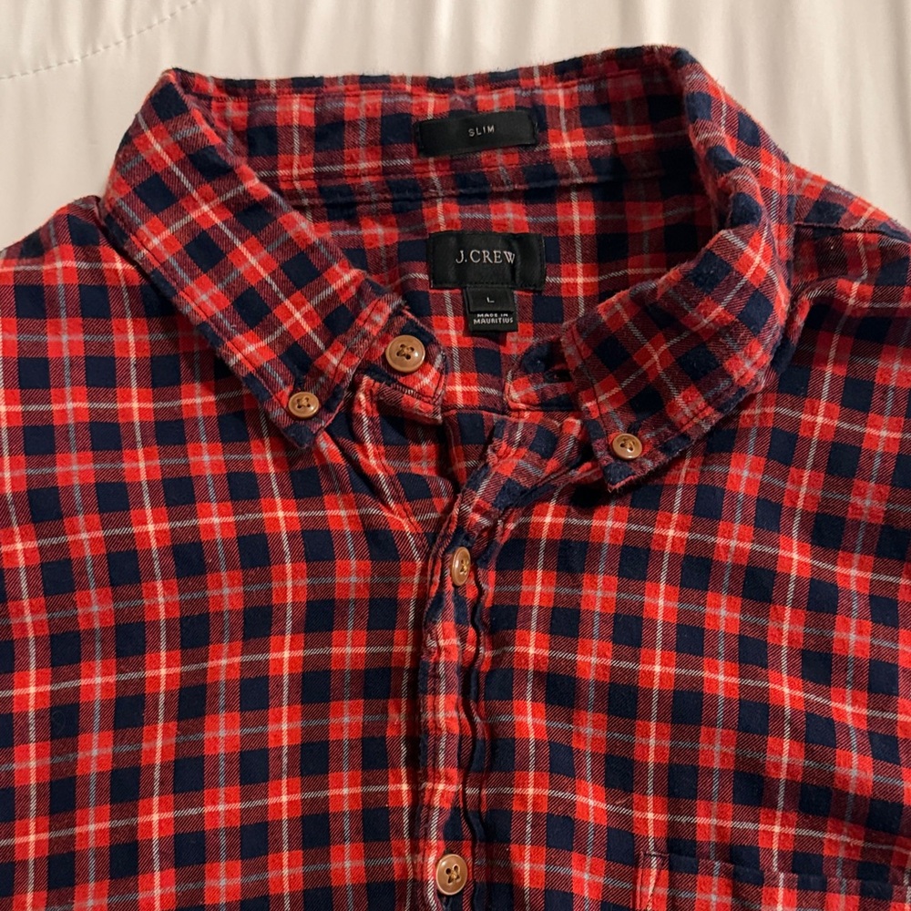 J. Crew Men's Red and Navy Checkered Slim Fit Flannel Shirt